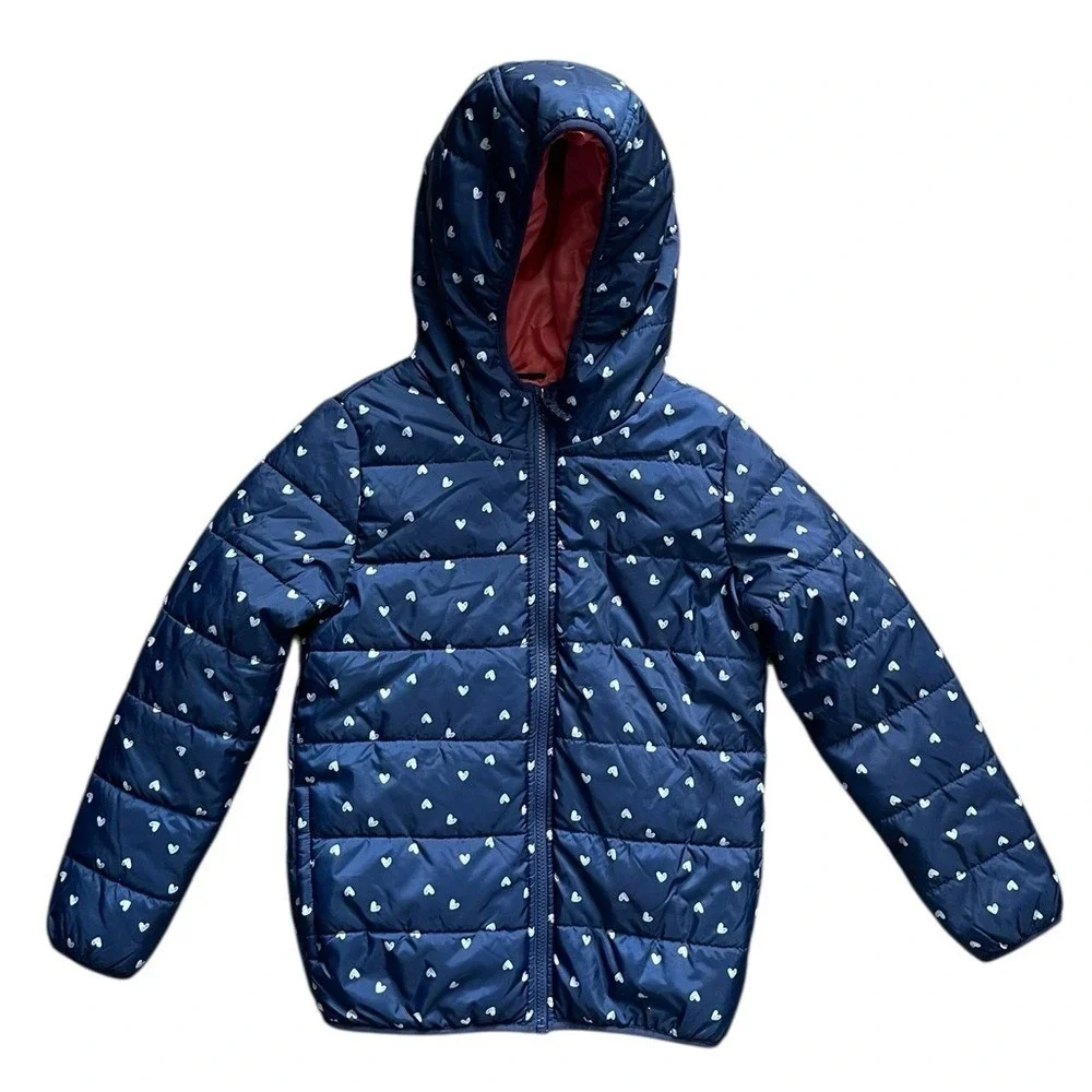 Carter's Puffer‎ Jacket Girls 10 Navy Blue Heart Print Hooded Quilted Coat